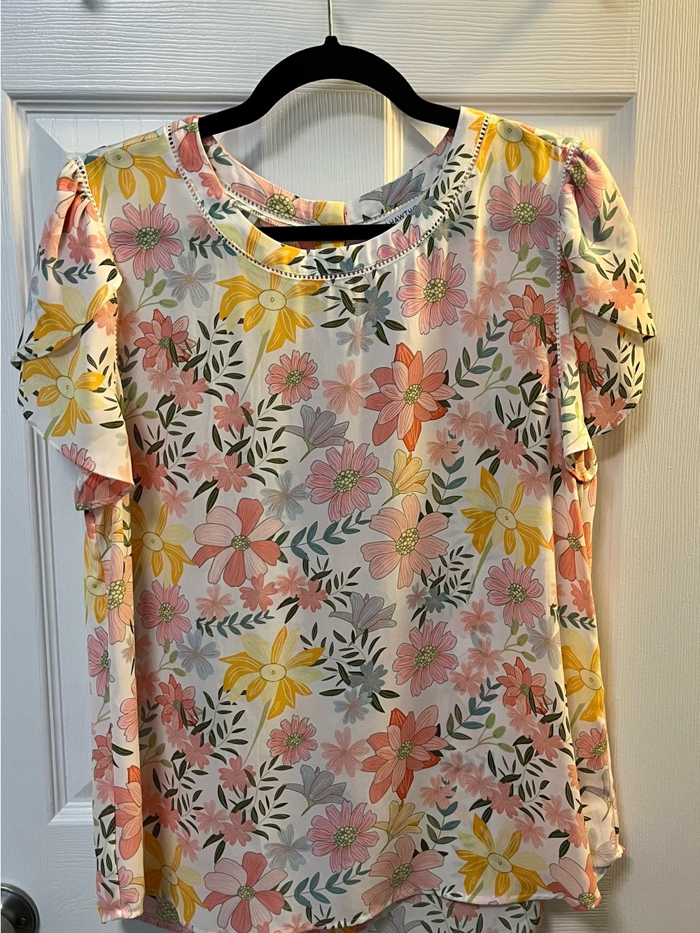 41 Hawthorn Floral Flutter Sleeve Blouse - Pink, Yellow & Cream